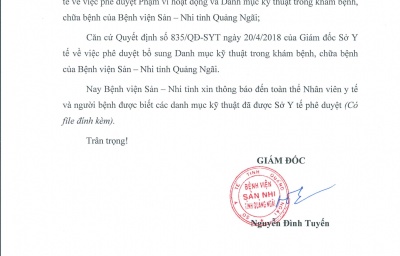 THÔNG BÁO: V/v BAN HÀNH DANH MỤC KỸ THUẬT ĐƯỢC SỞ Y TẾ PHÊ DUYỆT
